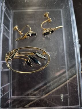 Gold-Tone Floral Black Crystal Brooch and Matching Clip-On Earrings